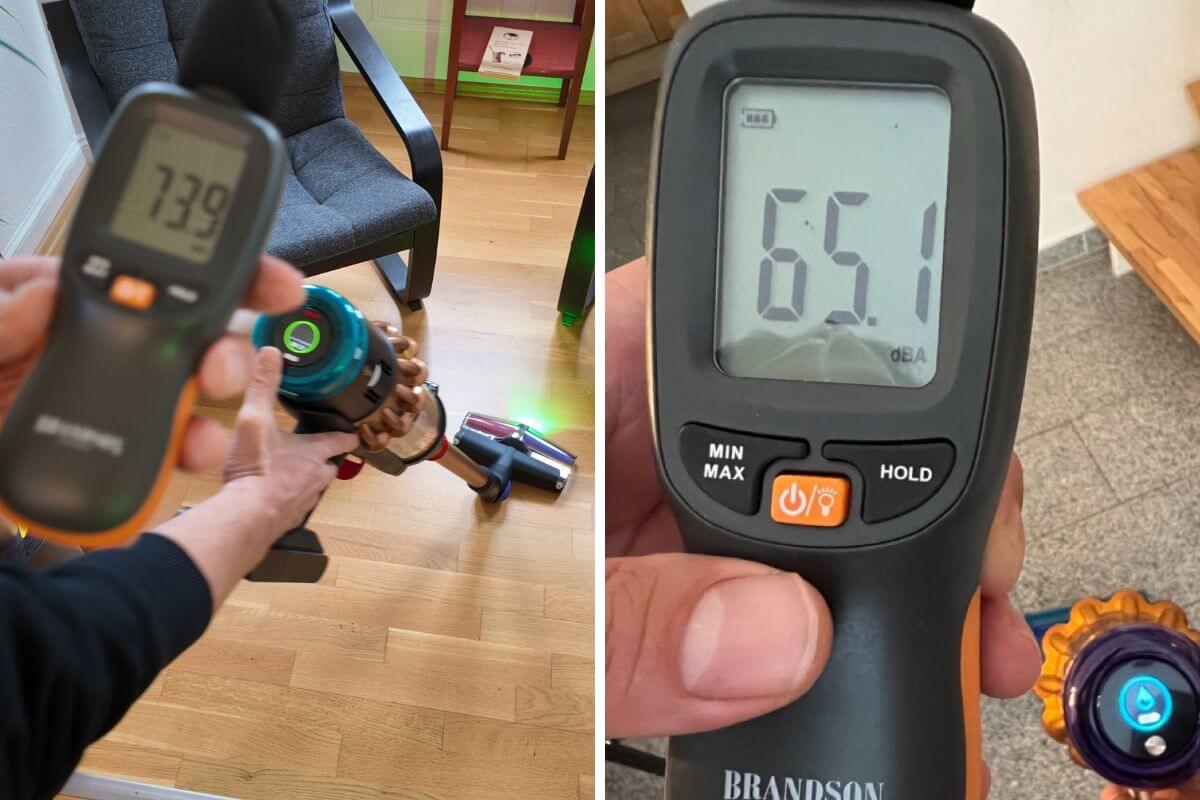 Dezibelmessung: Lautstärkevergleich Dyson V15 und V16 beim Saugen mit einem Lautstärkemessgerät.